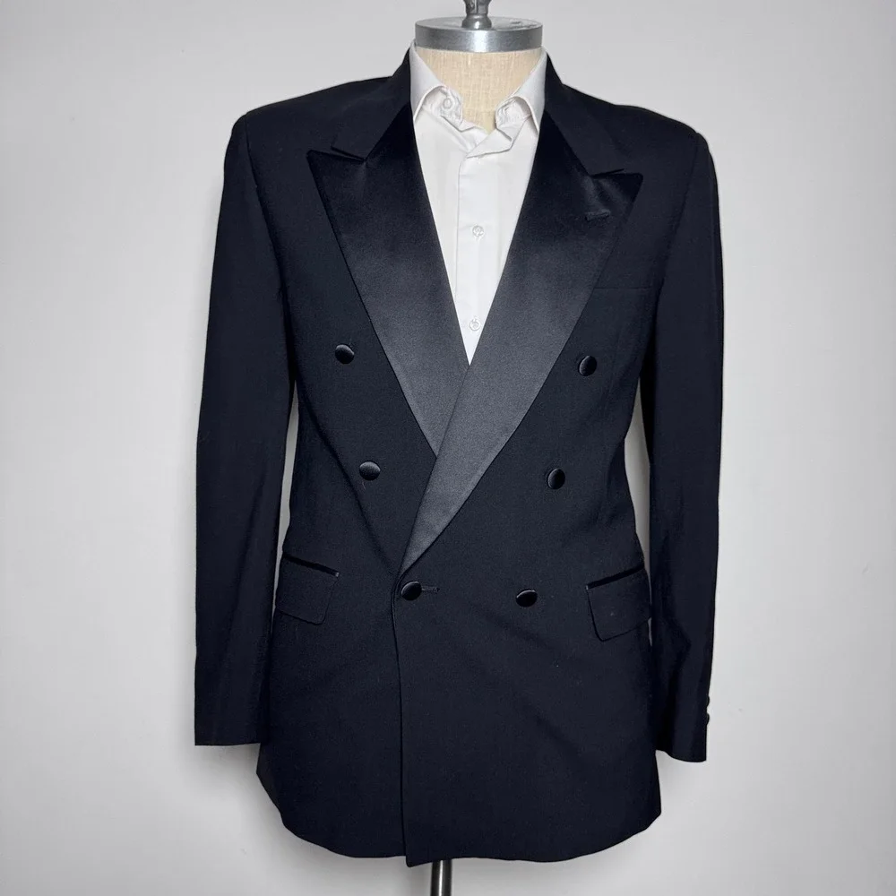 Bill Blass Tuxedo Jacket Mens 40L Black Solid Double Breasted Peak Lapel Vintage